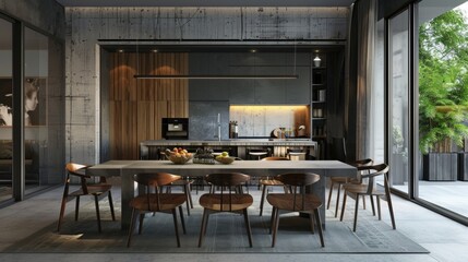 Wall Mural - The dining room is a blend of modern and rustic elements with a concrete dining table surrounded by mismatched wooden chairs. The raw natural beauty of the wood is tempered by the .