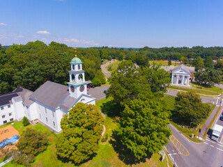 Sudbury historic town center aerial view in summer including First Parish of Sudbury Church, Town Hall at Town Common, town of Sudbury, Massachusetts MA, USA. 