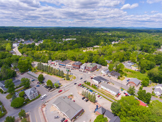 Wall Mural - Pepperell historic town center aerial view on Main Street in summer with Nashua River at the back, town of Pepperell, Massachusetts MA, USA.