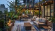 The outdoor terrace is transformed into an urban oasis with a mix of wooden and metal furniture surrounded by potted plants and string lights. The matte black railing and concrete .