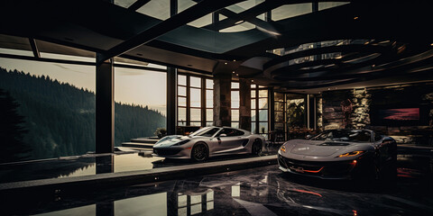 Wall Mural - A Beautiful Looking Underground Garage Lined with Ultra Super Cars