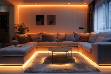 Wall Mural - a modern and comfortable living room with a sleek and stylish design. LED strips provide soft and warm lighting that creates a cozy atmosphere.