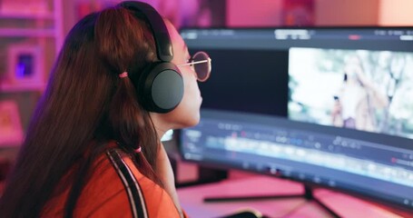 Wall Mural - computer, woman and video editor with headphones for digital editing, production and creative projec