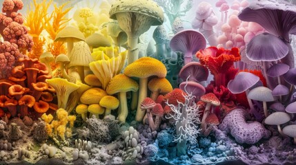 Wall Mural - A colorful depiction of various types of fungi and their corresponding mycelium networks showcasing the diversity and complexity of