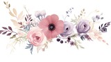 Fototapeta Niebo - Vector floral arrangement design: creamy powdered garden pink peach lavender pale Berries, eucalyptus branches, anemones, and rose wax flowers. 