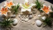 zen garden with sand, lilies, and spa stones .