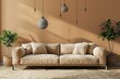 Beige relax room interior with couch and decoration, mockup wall