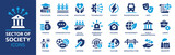 Fototapeta  - Sector of society icon set. Containing agriculture, education, healthcare, energy, technology, transportation, arts, justice and more. Solid vector icons collection. 