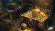 A radiant treasure chest overflows with gold coins, jewels, and precious objects, invoking tales of piracy and adventure