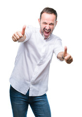 Sticker - Middle age hoary senior man over isolated background approving doing positive gesture with hand, thumbs up smiling and happy for success. Looking at the camera, winner gesture.