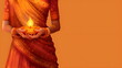 indian woman in traditional kerala attair holding a traditional bowl. Orange background with inscription for text. Religious template