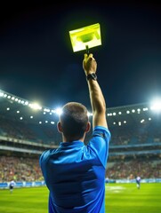 Wall Mural - A referee is holding a yellow card in the air. Concept of authority and control, as the referee is in a position of power over the game. The yellow card itself is a symbol of discipline and warning