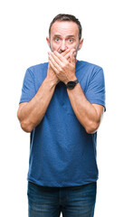 Sticker - Middle age hoary senior man over isolated background shocked covering mouth with hands for mistake. Secret concept.