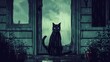   A black cat sits in a house doorway, gazing out through the rain-splattered window at the wet exterior