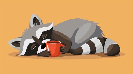 Wall Mural -   A raccoon holding a cup of coffee in one hand and a mug in the other, rests on the ground