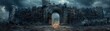 , stone, medieval castle entrance with intricate carvings, stormy weather, realistic image, dramatic silhouette lighting, chromatic aberration