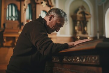 Funeral. A man stands at the coffin, saying goodbye to a loved one. In the midst of grief, he clings to the hope of a brighter tomorrow.