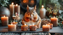   A Squirrel Seated At A Table, Surrounded By Numerous Lit Candles, And A Cluster Of Additional Candles Before It