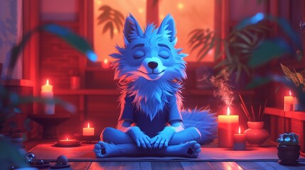 Wall Mural -  Blue dog on floor - room with candles and potted plant