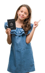 Poster - Brunette hispanic girl holding passport of United States of America very happy pointing with hand and finger to the side