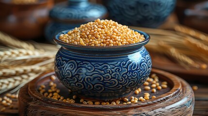 Poster -   A blue bowl brimming with corn rests atop a weathered wooden table Nearby, a cluster of wheat ears waits