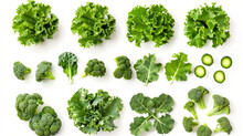 Top View Of Fresh Kale Leaves Isolated On A White Background, Showcasing The Lush, Dark Green Texture And Natural Curly Edges Of This Nutritious Leafy Green. Perfect For Health-focused Content