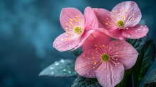   Three Pink Flowers With Green Leaves Against A Dark Blue Backdrop, Adorned With Water Droplets On Their Petals