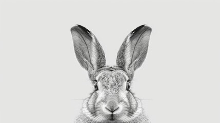 Wall Mural -   A black-and-white image of a rabbit's face with a long ear and large ears, gaze fixed straight ahead