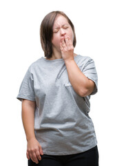 Canvas Print - Young adult woman with down syndrome over isolated background bored yawning tired covering mouth with hand. Restless and sleepiness.