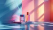 Beauty products showcase their sleek design amidst a play of light and shadow