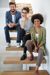 Poster - Portrait, diversity and team on stairs in modern office for editing career with staff, artistic and smile. Stairway, teamwork and face of global women with man for creative agency, copywriter and job