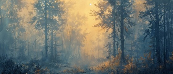 Wall Mural - A canvas of silence, where gradients of dusk and dawn merge in the forest