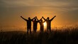 Friendship grass enjoyment family freedom, happy people standing in field at sunset