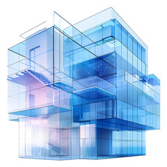 holographic 3D-visualization of blue storage-building, on white background, monochrom blue minimal and basic style 3d mockup 3d style ISOLATED ON WHITE BACKGROUND,