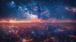 A sprawling cityscape is bathed in the ethereal glow of a starry night sky, the mesmerizing beauty of urban lights. Aerial high view. Generative AI.