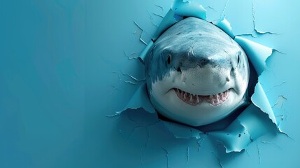 Cute shark peeking through a hole in a blue paper wall with copy space. Generative AI.