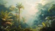 Ethereal tropical scene with muted tones, featuring towering trees and lush vegetation creating a sense of serenity and tranquility.