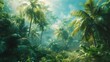 Serene tropical landscape featuring lush, muted tones and magnificent palm trees swaying gently in the breeze.