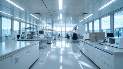 Leinwandbilder - A modern lab with white and blue accents. High end lab equipment sits on work tables in the center of the room. Generative AI.