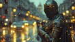 A knight, Modern Armor, Brave warrior from the past in a bustling city, Evening traffic, Realistic, Golden Hour, Depth of Field Bokeh Effect
