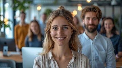 Canvas Print - A group of happy people are depicted in an office setting, standing and sitting behind their desks, all smiling at the camera. Generative AI.