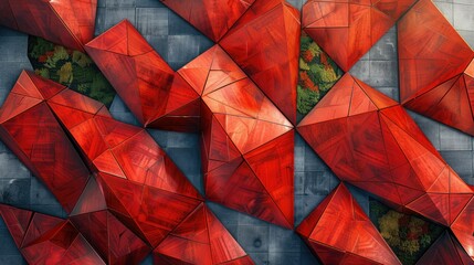 Poster - Aerial view of a geometric landscape composed of intersecting red triangles. Generative AI.