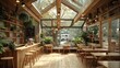 A wood-textured interior cafe with a wooden structure and a gable roof with skylights, made of wood, light wood for interior materials, plants on tables. Generative AI.
