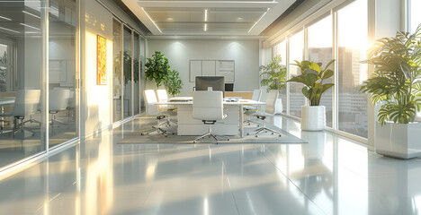 Leinwandbilder - A modern and cozy office room with light interior design for a virtual meeting background. Generative AI.