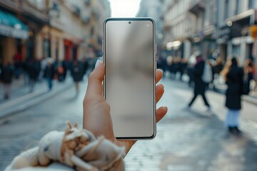 Poster - Close up of a cell phone in the hand of a person on the street in the daytime in summer. Generative AI.