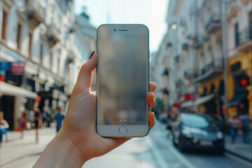 Poster - Close up of a cell phone in the hand of a person on the street in the daytime in summer. Generative AI.