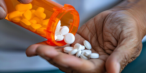 close up of hands pouring white pills from an orange pill bottle into the palm, generative AI