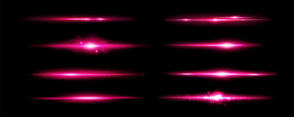 Wall Mural - Pink light flare effect with magic lens sparkle shine. Flash glare glow with glitter on neon line vector. Abstract bright beam divider collection. Festive and glamour magenta border overlay asset