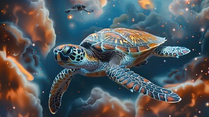 Wall Mural - A tiny little vibrant color turtle flying through the cosmos. Generative AI.