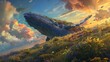 A surreal landscape of a blue whale emerging from a sea of flowers under burning clouds